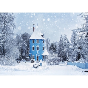 Snow Covered Forest Blue Castle House Winter Scene Christmas Backdrop Stage Photography Background