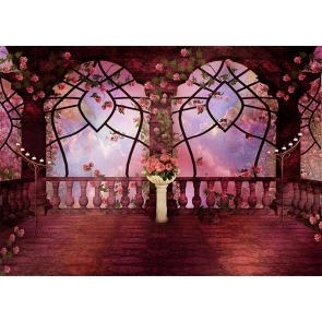 Retro Middle Ages Balcony Pink Rose Garden Wedding Backdrop Photography Background