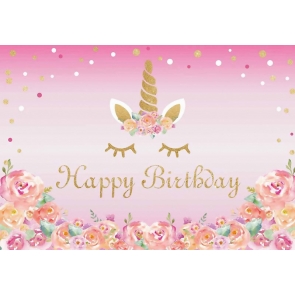 Pink Background Flower Golden Glitter Girl Happy Birthday Party Unicorn Backdrop Cake Smash Decoration Prop