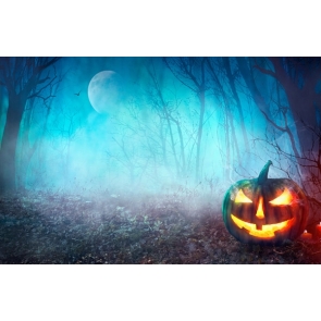 Under The Moon Blue Forest Scary Pumpkin Theme Background  Halloween  Party Backdrop Decoration Prop