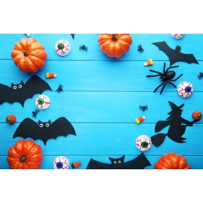 Lovely Pumpkin Bat Blue Wood Board Halloween Photo Backdrop Decoration Prop Background