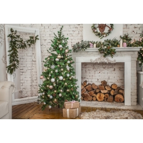 White Bricks Fireplace Christmas Tree Backdrop Photography Background Decoration Prop