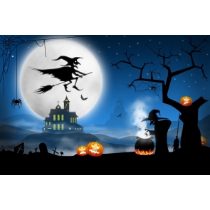 Under The Moon Dark Flying Broom Witch Halloween Backdrop Stage Background Party Decoration Prop