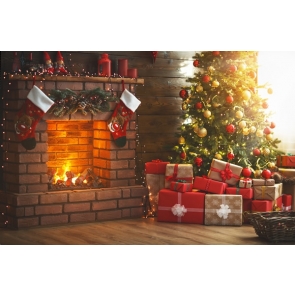 Red Bricks Fireplace Gift Box Santa's Workshop Backdrop Stage Photography Background Decoration Prop