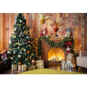 Wood Wall Fireplace Christmas Tree Backdrop Photo Booth Stage Photography Background Decoration Prop