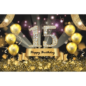Happy 15th Birthday Party Gold Balloons Sequins Photography Photo Backdrops