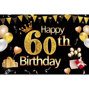 Black Background Balloons Flags Gifts Happy 60th Birthday Party Photo Backdrop