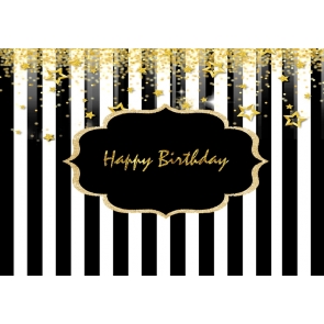 Black And White Striped Background With Gold Happy Birthday Party Backdrop Decorations Prop