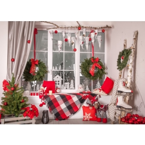 Glass Windows Christmas Wreath Party Backdrop Stage Photography Background