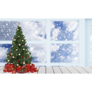 Outside Glass Window Snowflake Flying Christmas Tree Backdrop Party Stage Photography Background
