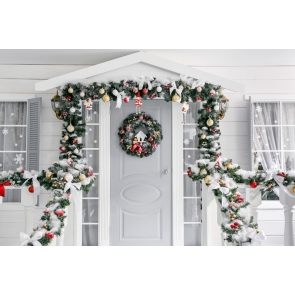 Christmas Tree Branch Garland Decoration White Wood Door Christmas Party Backdrop Photography Background