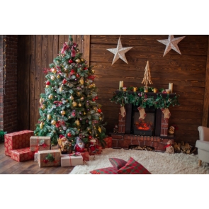Wood Wall Fireplace Christmas Tree Backdrop Party Stage Photography Background