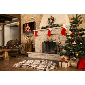 Retro Stone Brick Fireplace Christmas Tree Backdrop Photo Booth Stage Photography Background