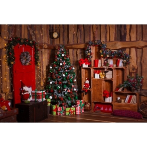 Retro Wood House Christmas Tree Backdrop Photo Booth Stage Photography Background