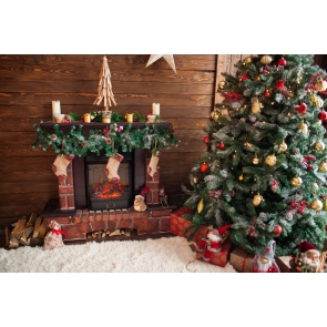 Retro Wood Wall Christmas Tree Fireplace Backdrop Photo Booth Stage Photography Background