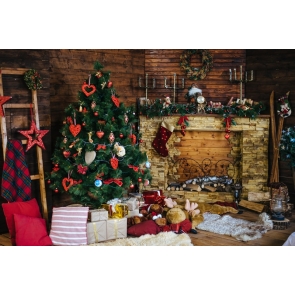 Christmas Tree Wood Fireplace Backdrop Photo Booth Stage Decoration Photography Background