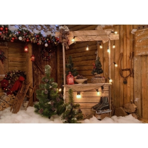 Outdoor Wood House Christmas Backdrop Photo Booth Stage Decoration Photography Background