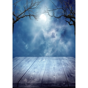 Scenic Full Moon Withered Tree Branch Wood Floor Halloween Backdrops