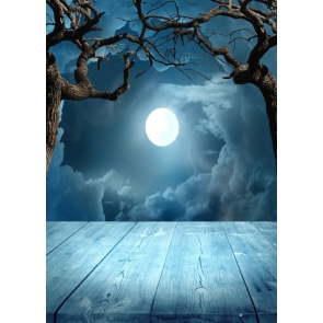 Full Moon Withered Trees Wood Floor Halloween Party Decoration Background