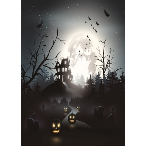 Full Moon Ghost Castle Pumpkin Lanterns Bats Halloween Party Background Photo Backdrops