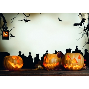 Yellow Skull Pumpkin Lanterns Black Bats Halloween Party Background Backdrops