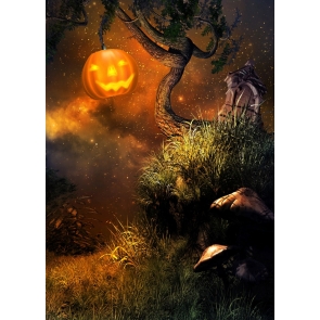 Yellow Skull Pumpkin Lantern on the Tree in Fairy Tale Halloween Photo Backdrops