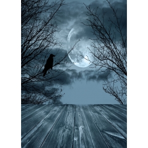 Scary Night Crow on the Withered Trees Wood Floor Halloween Party Photo Background