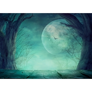 Full Moon Withered Trees Wood Floor Halloween Party Background Backdrops for Photography