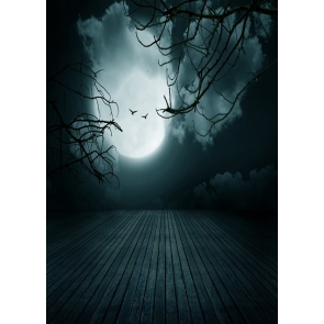 Full Moon Withered Trees Wood Floor Scenic Photography Background for Halloween Party