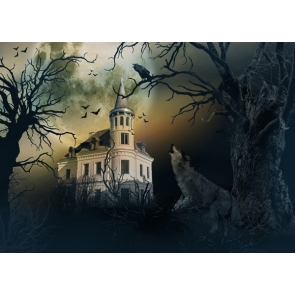 Scary Night Ghost Castle Wolf Crow Withered Trees Halloween Party Background Backdrops