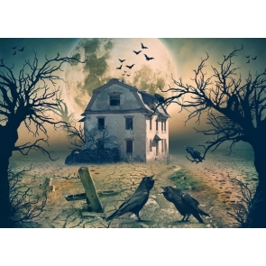 Full Moon Ghost House Crows Bats Withered Trees Halloween Party Backdrops