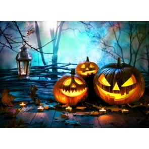 Skull Pumpkin Lanterns on Wood Floor Halloween Decorations Backdrops