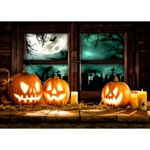 Skull Pumpkin Lanterns Candles on Wood Floor Picture Backdrops for Halloween Party