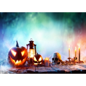 Halloween Skull Pumpkin Lanterns Candles on Wood Floor Photography Background