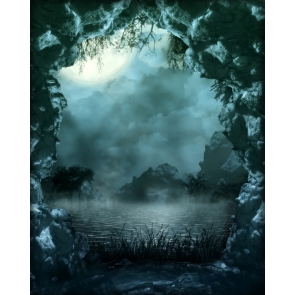 Scary Cave Lake Moon Theme Halloween Backdrop Party Background Decoration Prop