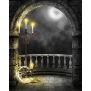 Medieval Stone Balcony Candle Magic Book Halloween Party Backdrop Photography Background Decoration Prop