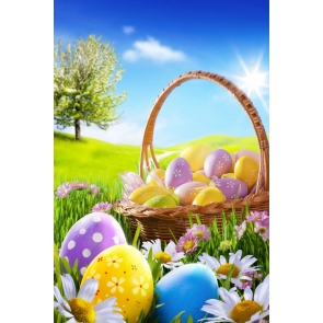 Easter Eggs in Basket on Grassland Flowers Vinyl Photography Easter Backdrops