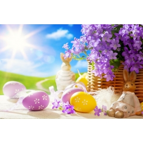 Easter Eggs Bunny Purple Flowers in Basket Easter Photoshoot Background