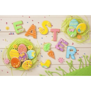 Easter Eggs Letters EASTER Flowers on White Wood Floor Vinyl Photography Studio Background