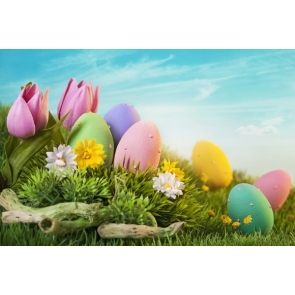 Easter Eggs Lily Flowers on Grassland Vinyl Photography Backdrops