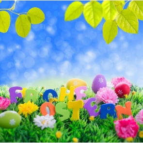 Easter Eggs Flowers Letters on Grassland Custom Photography Backdrops