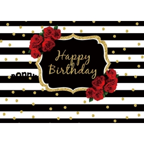 Gold Glitter Rose Flower Black And White Striped Backdrop Happy Party Birthday Photography Background