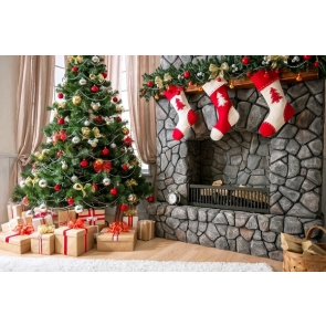 Stone Fireplace Christmas Tree Gift Box Christmas Party Backdrop
