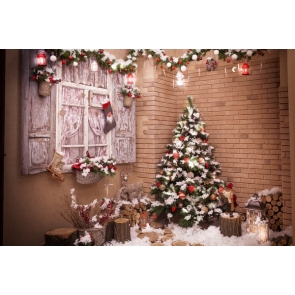 Brick Wall Background Covering Snowflakes Christmas Tree Kid & Baby Christmas Backdrops