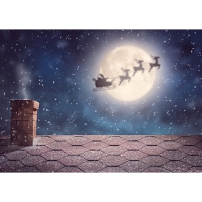 Flying Reindeer Sleigh Above Foof Chimney Christmas Backdrops For Stage