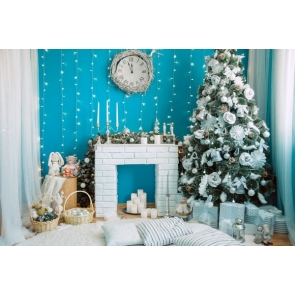 Blue Wall Background White Brick Fireplace Christmas Tree Christmas Backdrops