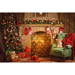 Retro Stone Fireplace Backdrops Christmas Tree Christmas Background