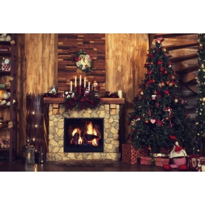 Retro Stone Fireplace Christmas Tree Backdrops Christmas Background