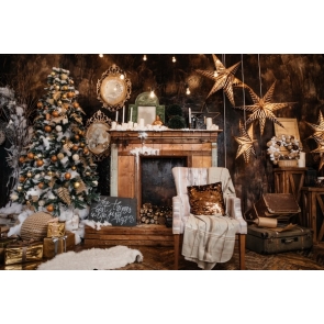 Wood Fireplace Sofa Chair Christmas Tree Christmas Backdrops