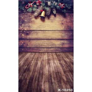 Christmas Tree Branch Pine Cone Gift Box Wooden Floor Wall Christmas Background